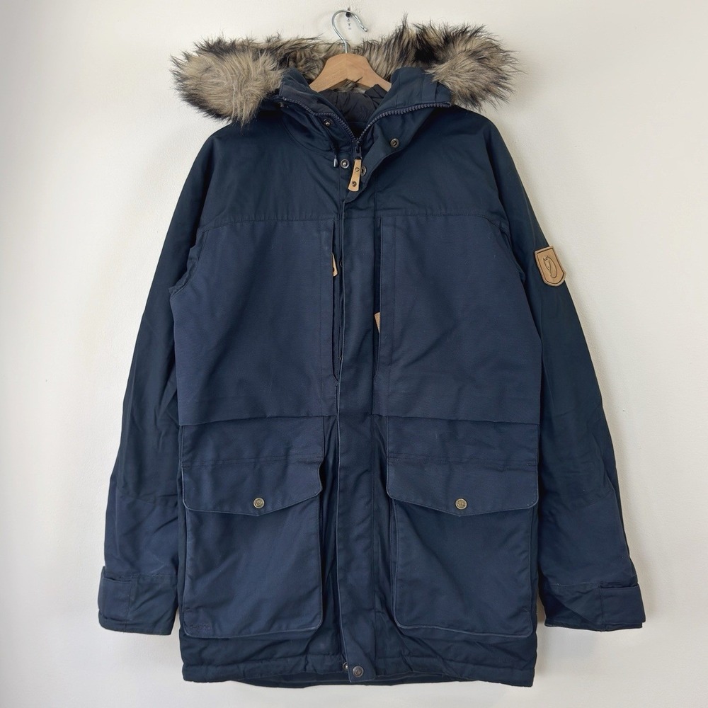 NWT Men's Fjallraven Navy Blue G-1000 Faux Fur Hood Navy Blue Jacket Coat Small